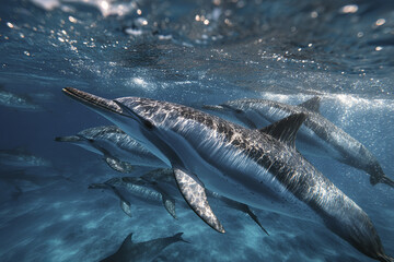 Naklejka premium Underwater dolphin pod swimming in calm ocean water with sunlight reflections creating peaceful and natural marine environment full of life and movement