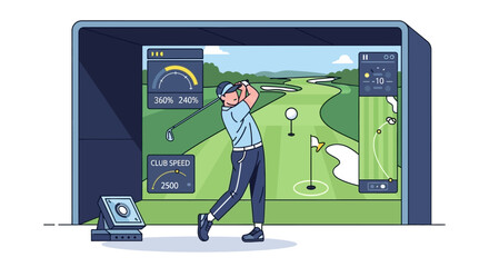 Man playing golf on a simulator with detailed graphics and performance metrics displayed on screen.