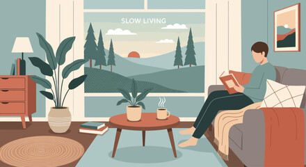 Fototapeta premium A cozy living room with an armchair, coffee table, and a large window overlooking a peaceful natural landscape with hills and a river, embodying slow living.