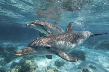 Fototapeta premium Underwater dolphins swimming gracefully in clear blue ocean water with sunlight reflecting on their smooth skin, creating calm and peaceful marine scene