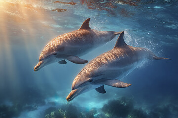Obraz premium Underwater dolphins traveling side by side in gentle motion with sunlight rays illuminating ocean, creating peaceful and natural marine scene
