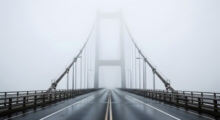 Obraz premium A symmetrical low-angle shot of a large modern bridge disappearing into dense mist on a rainy day with wet road reflections