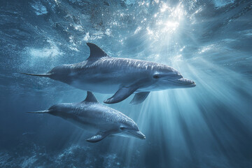 Fototapeta premium Two dolphins swim gracefully underwater with sunlight rays piercing through ocean surface, creating serene and peaceful marine scene full of natural beauty and calm