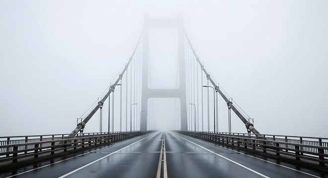 A symmetrical low-angle shot of a large modern bridge disappearing into dense mist on a rainy day with wet road reflections
