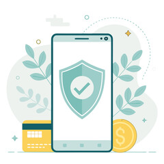 Secure online transaction on mobile device with shield icon, credit card, and currency symbol in minimalist design © Sohana