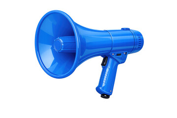 Blue megaphone creating announcement, broadcasting news message, communicating protest, getting attention, loud speaker isolated