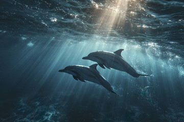 Naklejka premium Underwater scene of two dolphins swimming together in deep blue ocean with sunlight rays creating peaceful and serene atmosphere