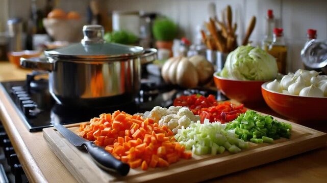 Culinary Preparation: A close-up shot of a bustling kitchen, showcasing a symphony of colorful chopped vegetables, ready to be transformed into a culinary masterpiece. 
