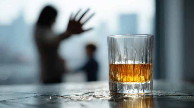 Glass of whisky and dark silhouettes of family in the background