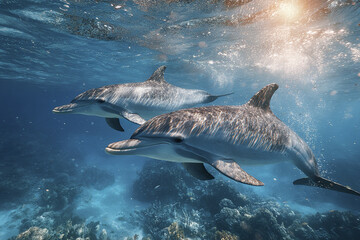 Fototapeta premium Two dolphins swim gracefully underwater near coral reef with sunlight filtering through clear blue ocean water creating calm and peaceful marine scene