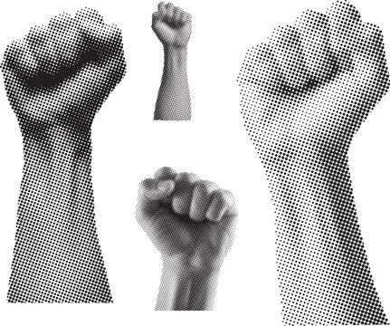 Raised fists of varying sizes in halftone dot effect, symbolizing power and solidarity.