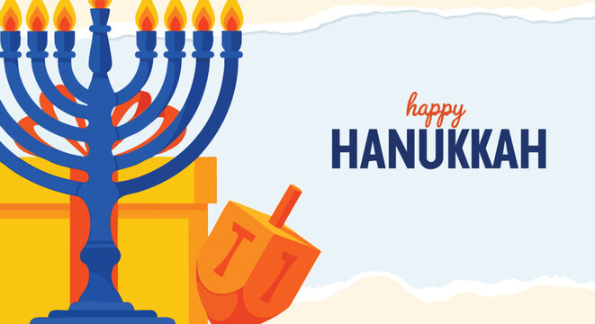 A traditional Hanukkah celebration with a blue menorah and dreidel set against a light blue backdrop with yellow gift boxes and text