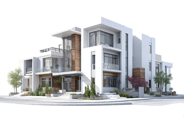 Modern townhouse architecture with white exterior and wooden accents, featuring large windows, balconies, and landscaped greenery, creating stylish multi unit residential building