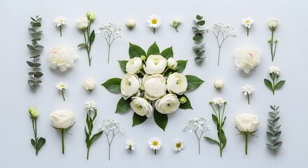 Arrangement of white flowers and eucalyptus leaves on a light gray background, top view.