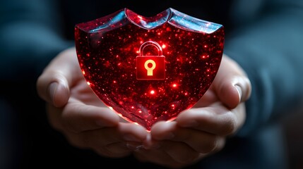 Glowing crystalline shield with internal red light and a padlock symbol is held carefully in open hands