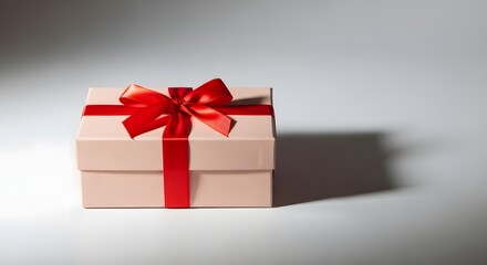 Fototapeta premium A light pink gift box with a vibrant red ribbon and bow sits on a plain surface, casting a shadow, ready for a special occasion.