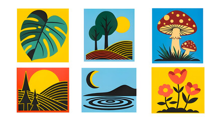 Fototapeta premium Minimalist Nature Icon Set with Mountains, Forest, Flowers, and Mushrooms in Flat Vector Style