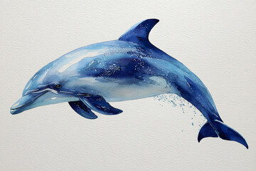 Watercolor marine animal illustration of dolphin in soft blue tones with splashes and detailed shading creating lively and dynamic ocean creature image