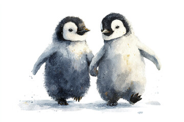 Watercolor penguin illustration of friendship with two baby penguins walking together on snow, showing cute and joyful expression in soft artistic style