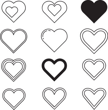 Black and white heart shapes in various line styles hearts outline
