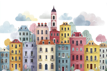 Whimsical town skyline with pastel buildings and windows under cloudy sky, featuring colorful architecture and charming, peaceful atmosphere