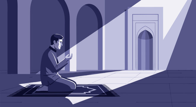 Man Praying on Prayer Mat in Mosque with Sunlight Rays A Vector Illustration
