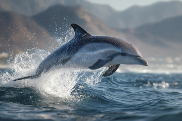 Wild dolphin jumping out of sea with dramatic mid air pose, splashing water and ocean waves, mountains in background under natural light