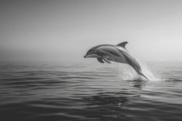 Dolphin jumping ocean water splash marine life wildlife nature black and white image with calm sea and horizon