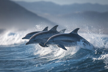 Fototapeta premium Three wild dolphins leaping above rough ocean waves with energetic motion and splashing water, set against blurred mountainous background under natural light