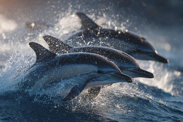 Wild dolphin group surfacing together in ocean waves with splashing water and dynamic movement under natural light
