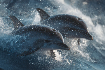 Two wild dolphins surfacing together in ocean with splashing waves, showing powerful movement and natural marine life in dynamic and energetic scene