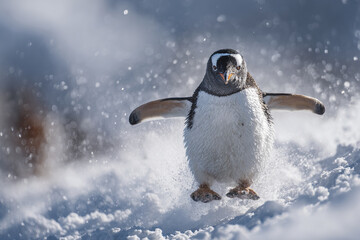 Energetic penguin sliding on snow with wings spread wide, creating dynamic splash in cold winter environment full of bright snow and soft light