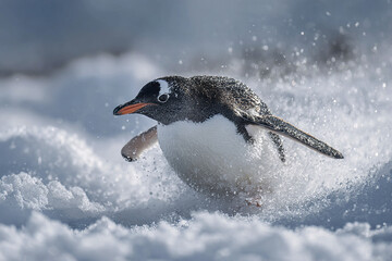 Gentoo penguin sliding energetically on snow with wings spread, creating splashes of snow in cold environment, showcasing dynamic wildlife behavior in nature