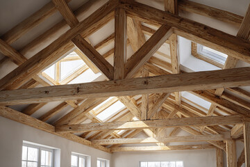 Wooden roof truss construction with natural light coming through skylights in bright interior space showing detailed wood grain and structural design