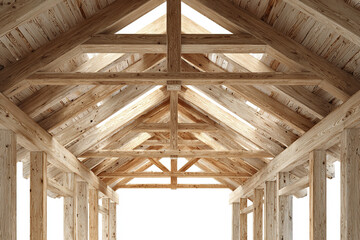 Wooden house frame construction showing detailed roof trusses and beams with natural wood texture and light shining through, creating warm and inviting atmosphere