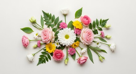 Vibrant floral arrangement with pink roses, white chrysanthemum, and yellow daisies on white.