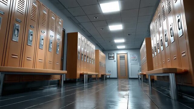 School Locker Room Perspective: A long, symmetrical corridor of school lockers stretches out, bathed in soft, inviting light. The scene evokes a sense of anticipation.