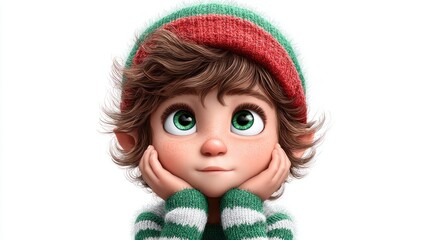 Fototapeta premium Cute animated elf child with green eyes and freckles wearing a festive hat and sweater
