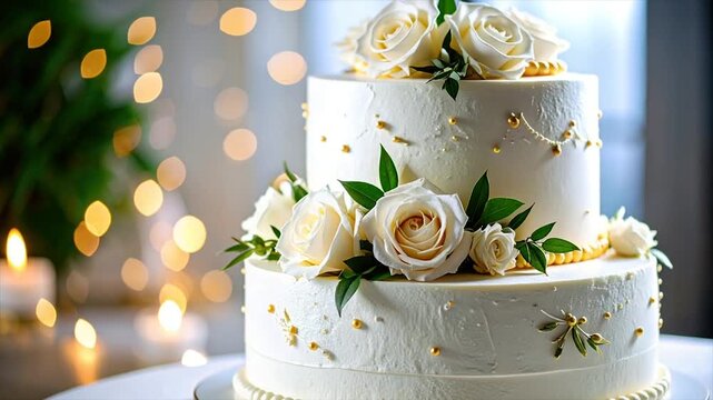 A tiered, white frosted cake adorned with roses and gold accents against a soft bokeh background