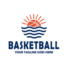 Basketball Sunset Ocean Logo Design with Waves
