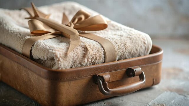 A beige fluffy towel, tied with a ribbon, rests in a vintage leather case