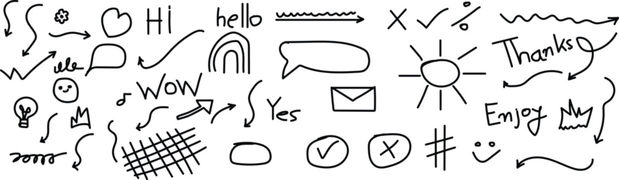 A collection of various hand drawn doodles and symbols on a white background