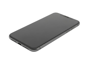 Sleek modern smartphone with a dark screen resting on a plain black background