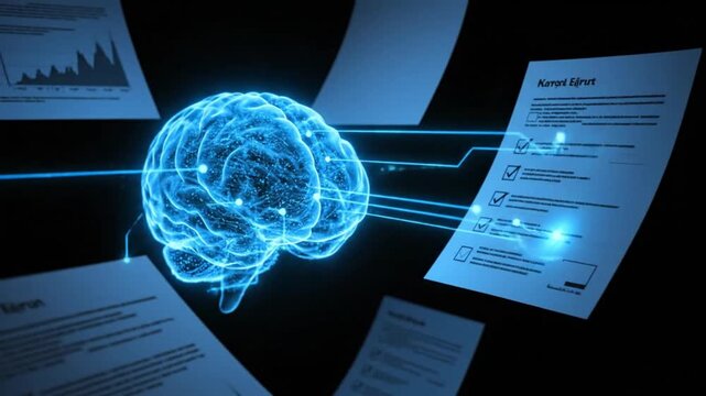 A conceptual 3D visualization of a digital human mind processing complex information and data documents in a high-tech, futuristic environment.
