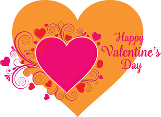 Happy Valentine&rsquo;s Day greeting with layered pink hearts, decorative swirls, romantic typography and vibrant orange background illustration