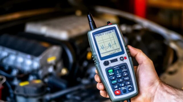 Closeup of a hand holding a basic handheld diagnostic tool connected to a car engine with blurred background to emphasize the devices screen and buttons.