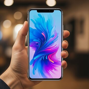 A hand holding an iphone with a vibrant blue and pink wallpaper