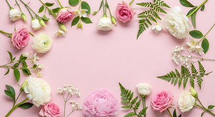 Soft pink and white roses, ranunculus, and baby's breath arranged on a pale pink background.