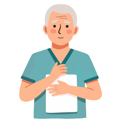 Elderly man smiling while holding a clipboard in scrubs  