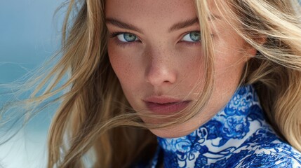 A sophisticated blonde woman with long flowing hair, striking green eyes, and flawless glowing skin
